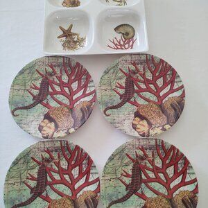 SEAHorse & Coral 5 PC Set: Plates + Serving-Tray